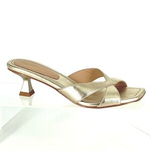 Stuart Weitzman Size 7 Gold Metallic Leather Kitten Heel Mules Miami 50 Slides